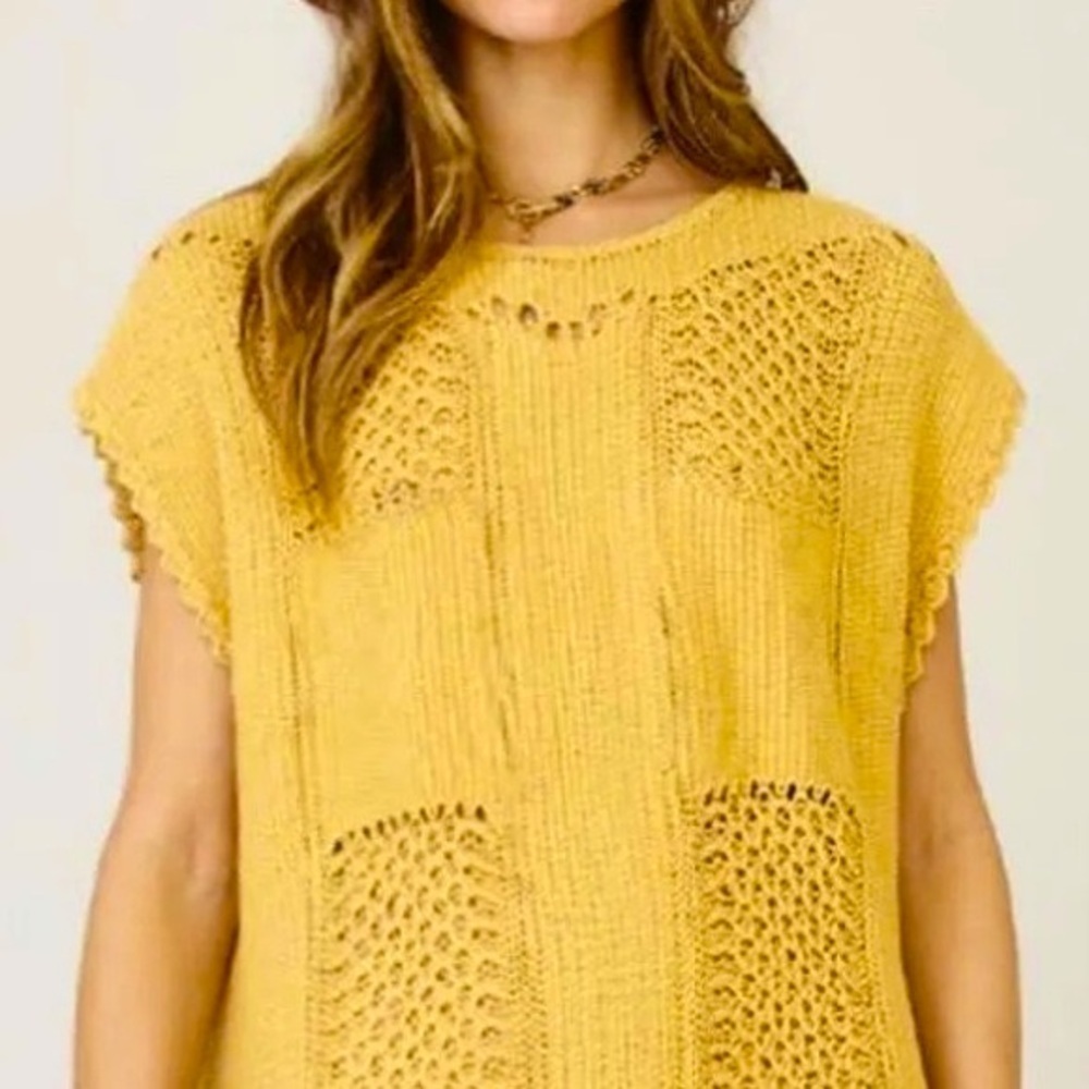 Ces Femme Yellow Beachy Crochet Knitted Sweater Midi Dress Medium - Picture 2 of 10